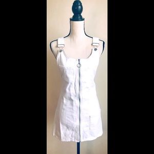 White Denim Overalls Dress: Mini Skirt, A-Line Style, Sz. M/L